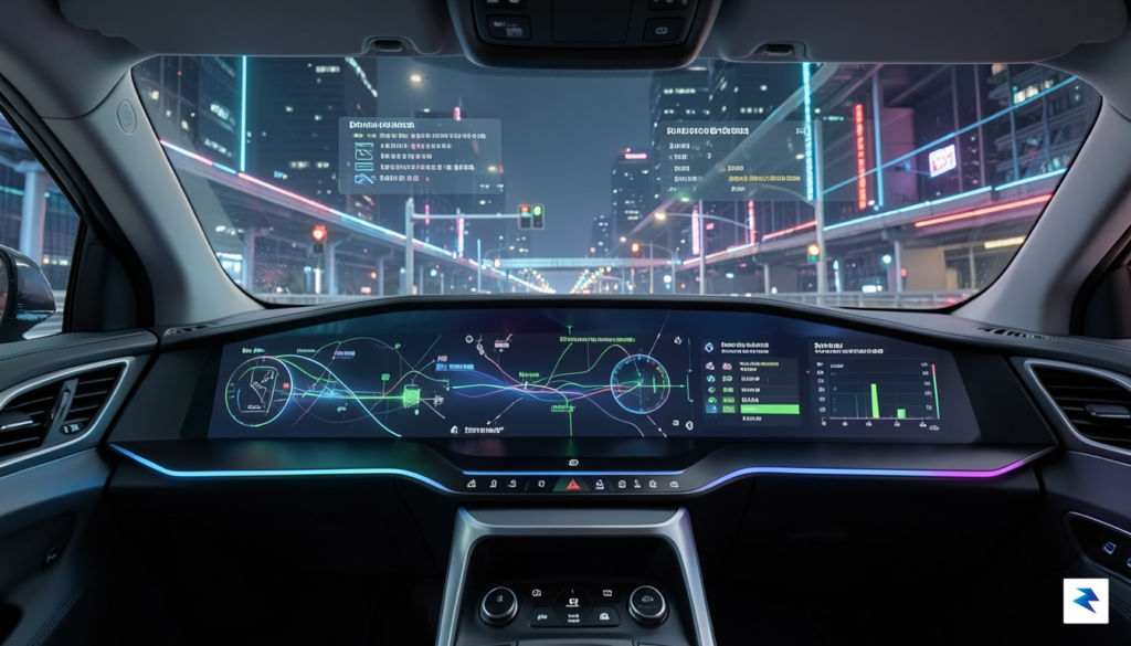 A conceptual digital rendering showing a futuristic dashboard interface with…