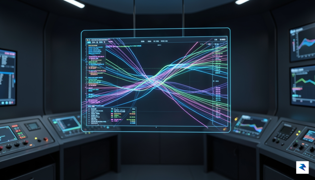 A close-up, high-tech visualization of a digital dashboard interface showing…