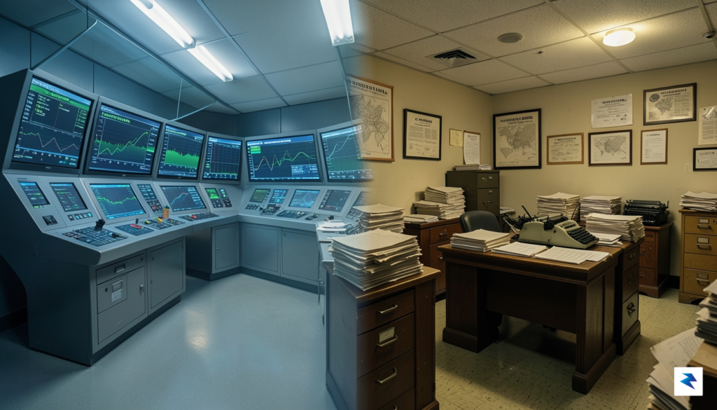 A modern, high-tech nuclear reactor control room interior transitioning into&hellip;