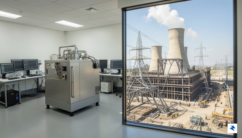 A wide-angle industrial shot showing the contrast between a sleek,&hellip;