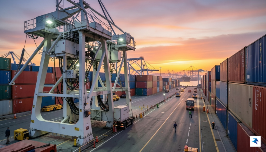 A wide-angle shot of a busy European shipping port at&hellip;