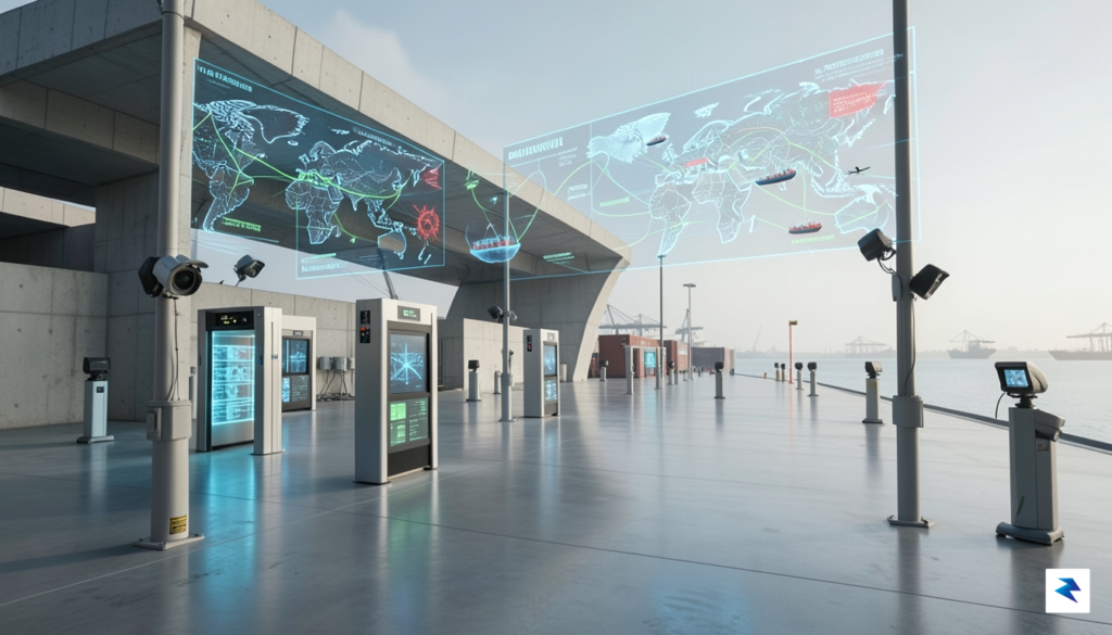 A modern, high-tech European cargo port terminal featuring large security&hellip;