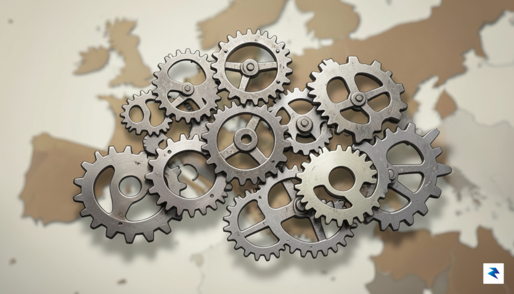 A stylized illustration showing intertwining gears representing economy and security,&hellip;
