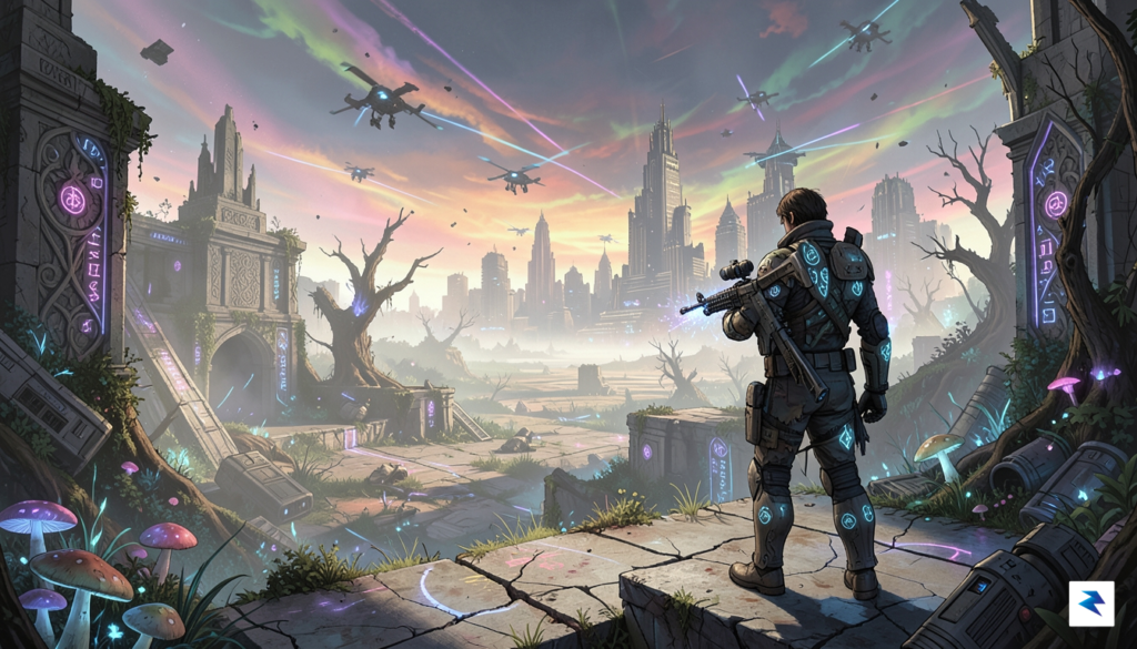 A stylized illustration depicting a futuristic, post-apocalyptic landscape with elements…
