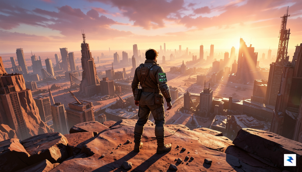 A cinematic, high-detail concept art shot showing a lone wanderer…
