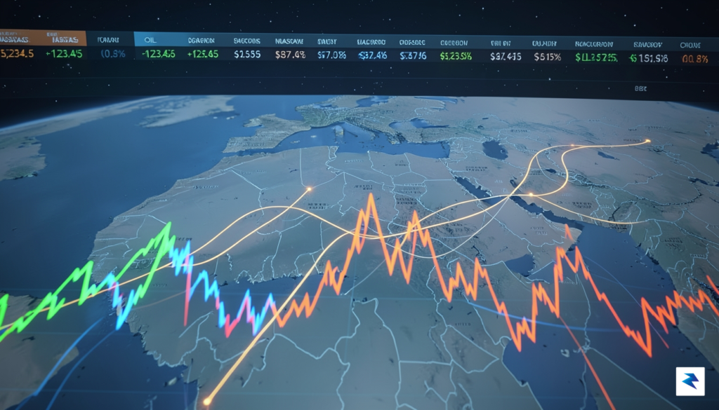A digital visualization of a global stock market ticker overlaying&hellip;