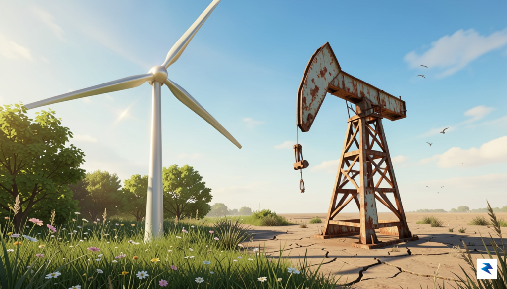 A conceptual digital illustration showing a clean, green wind turbine&hellip;
