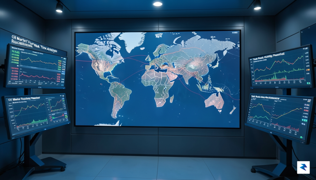 A modern, high-tech naval operations center showing a digital global…