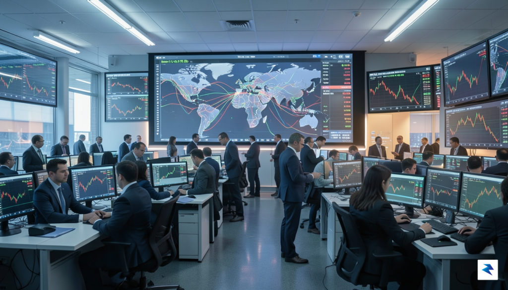 A digital visualization of a bustling global oil trading floor…