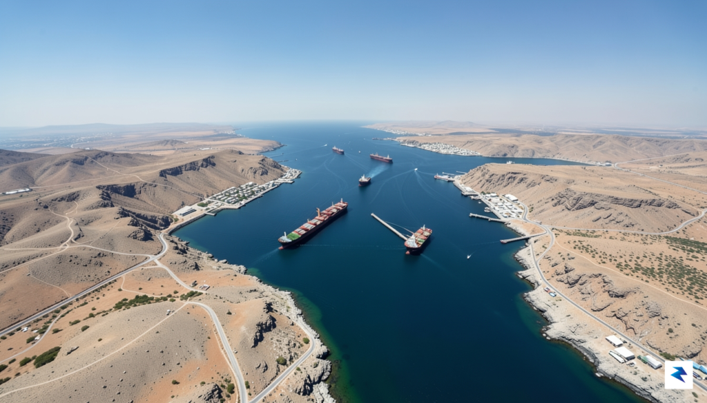 A wide-angle satellite view of the Strait of Hormuz showing…