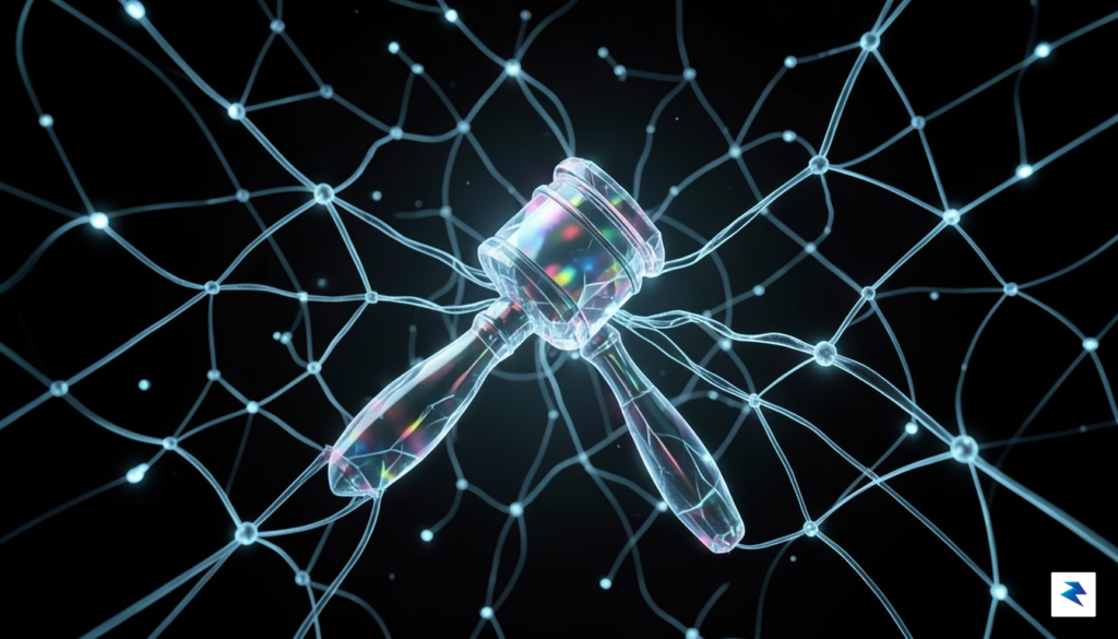 A digital, abstract visualization of a glowing neural network connected…