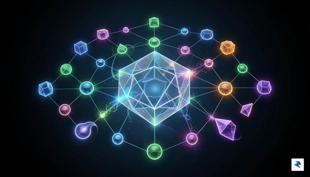A digital illustration showing a network of interconnected glowing nodes…