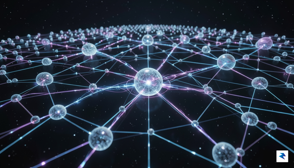 A futuristic, conceptual digital landscape showing glowing nodes connected by…