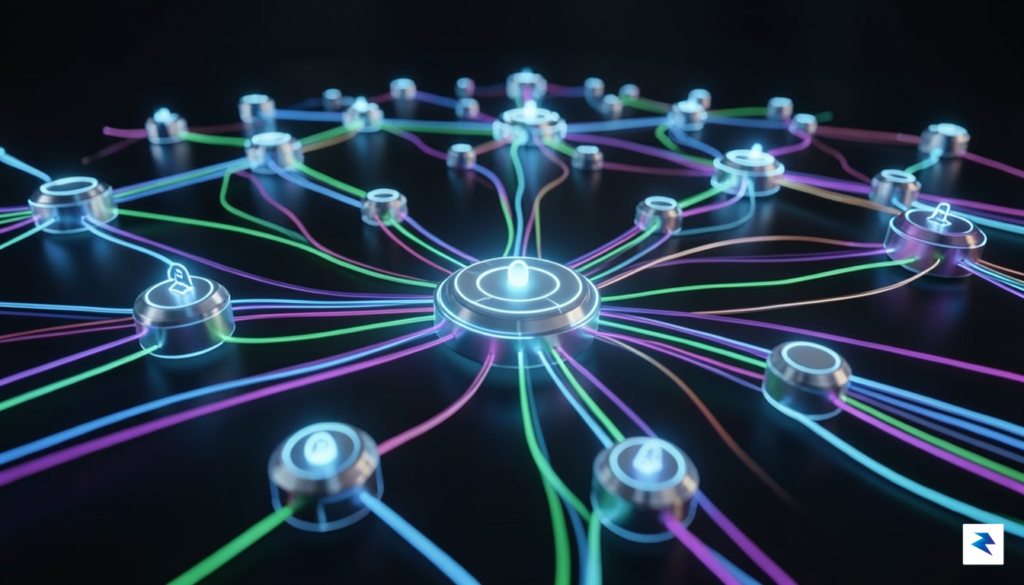 A digital visualization of interconnected blockchain nodes glowing with data…