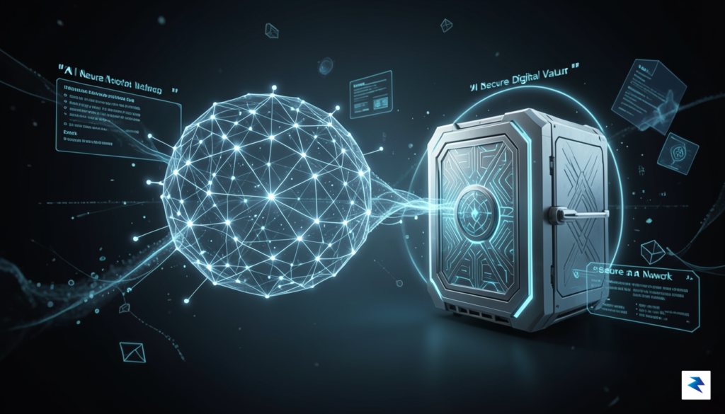A conceptual digital illustration showing a glowing, transparent AI neural&hellip;