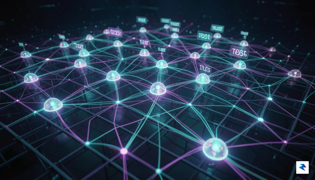 A conceptual digital visualization showing interconnected glowing nodes representing AI&hellip;