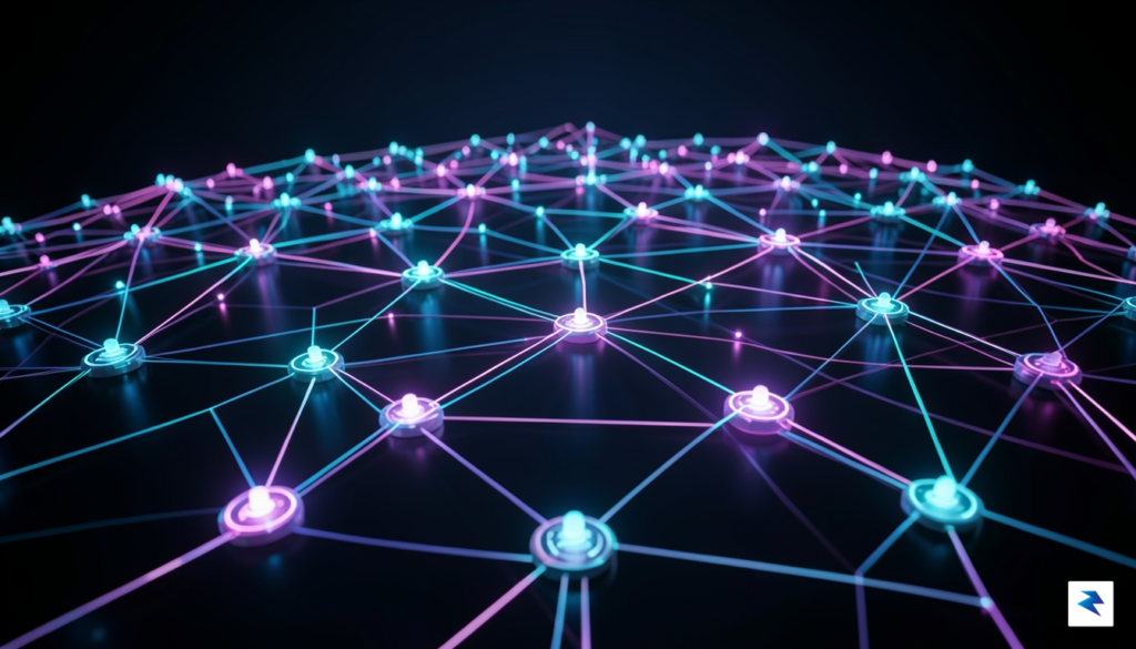 A futuristic digital workspace showing interconnected glowing nodes of light&hellip;