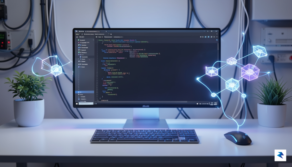 A conceptual digital illustration showing a clean, glowing command-line interface&hellip;