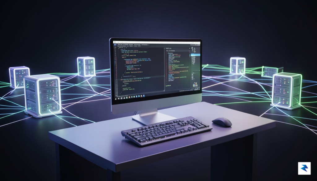 A conceptual digital illustration showing a developer's workstation connected to&hellip;