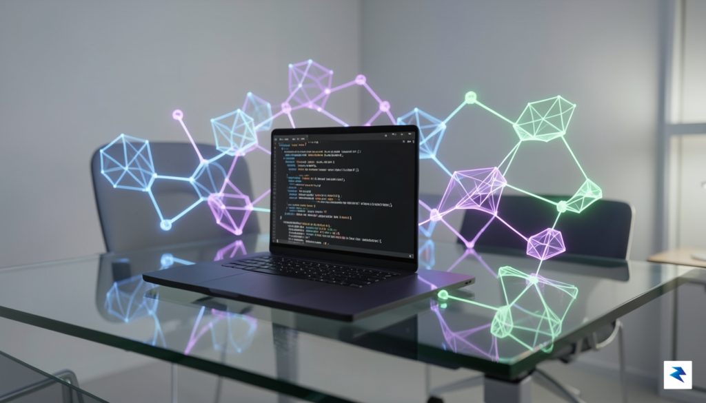 A sleek, modern developer workspace featuring a laptop displaying a&hellip;
