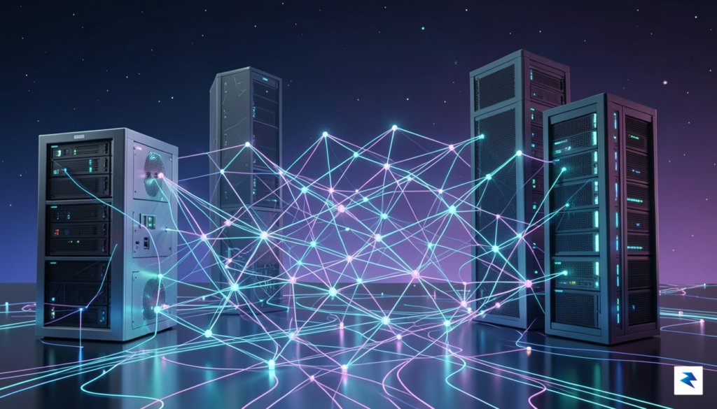 A conceptual digital illustration showing a futuristic, glowing neural network&hellip;