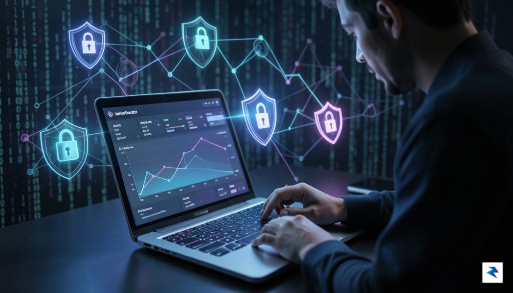 A conceptual digital security illustration showing a person checking a&hellip;