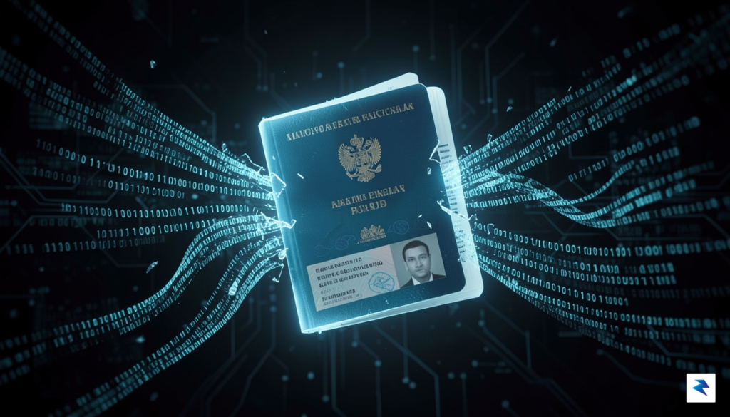 A digital visualization of a glowing, translucent passport document fragmenting&hellip;