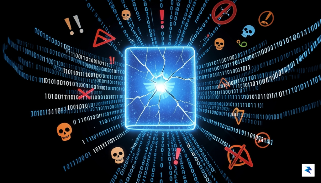 A conceptual digital visualization of a cracked, glowing blue passport&hellip;