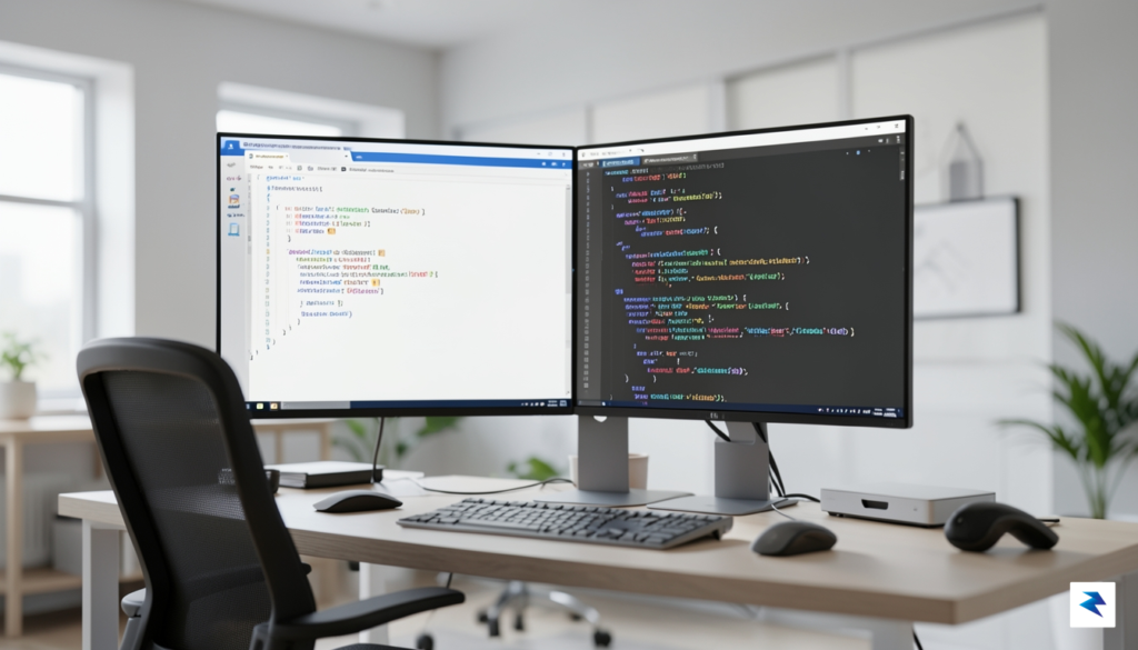 A clean, modern developer workspace showing a split-screen view of…