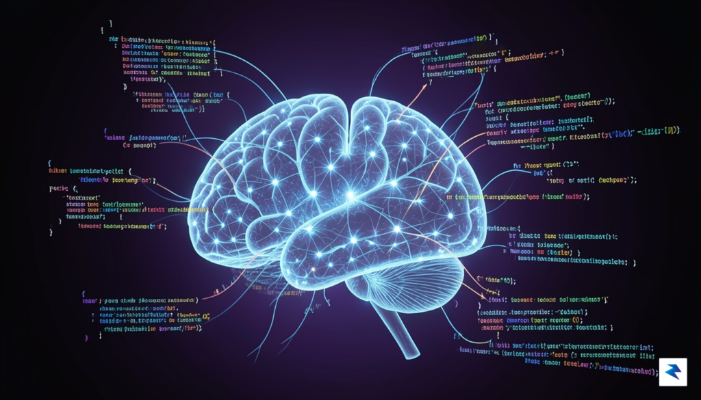 An abstract representation of a brain with various code snippets…