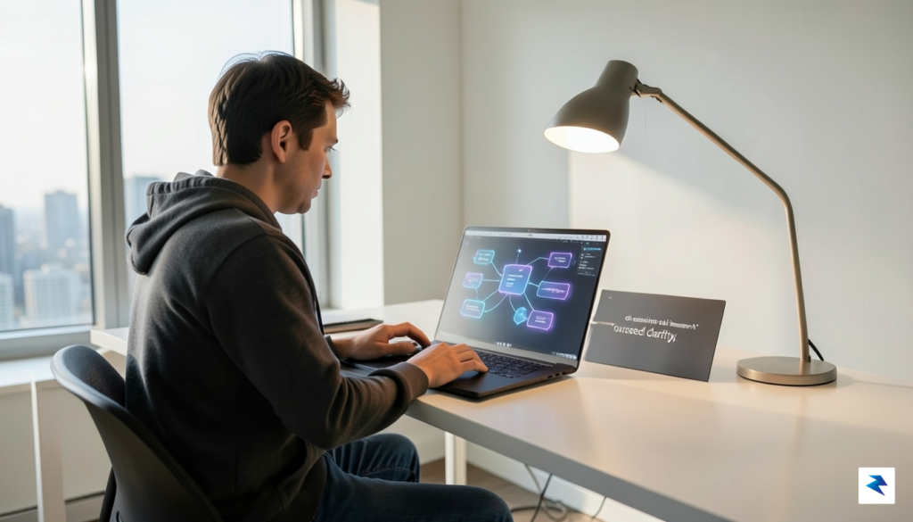 A clean, minimalist workspace showing a developer looking at a…