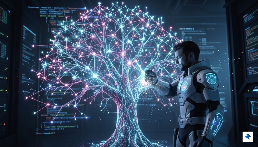 A digital visualization of a dense, glowing code repository being…