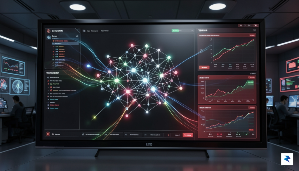 A digital visualization of a high-tech cybersecurity interface showing a&hellip;