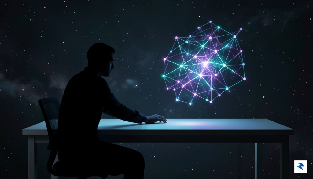 A conceptual digital art piece showing a human silhouette sitting&hellip;