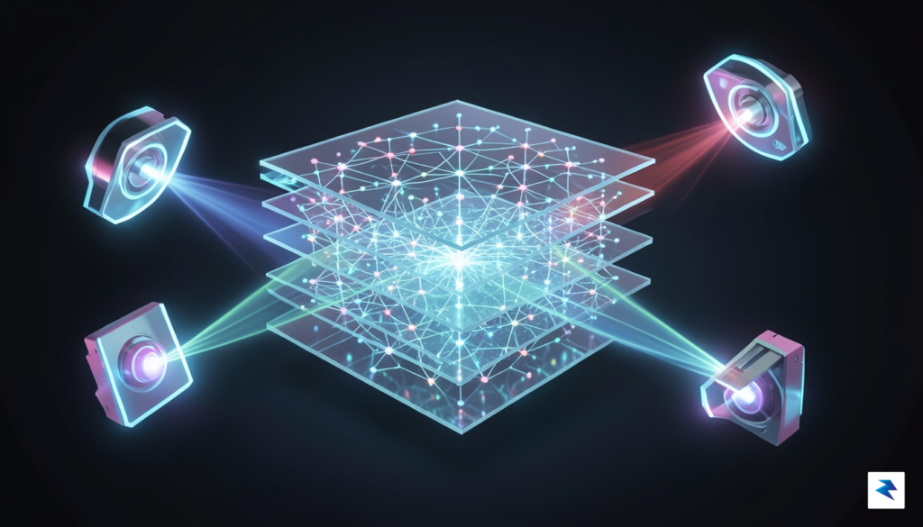 A conceptual digital illustration showing a futuristic, transparent, and layered&hellip;