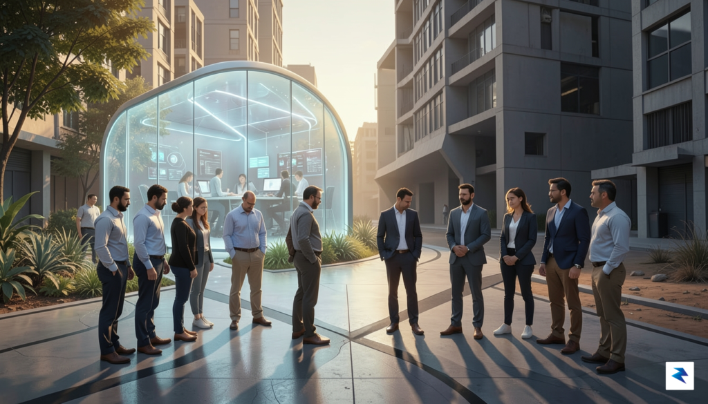 A conceptual digital illustration of a diverse group of tech…
