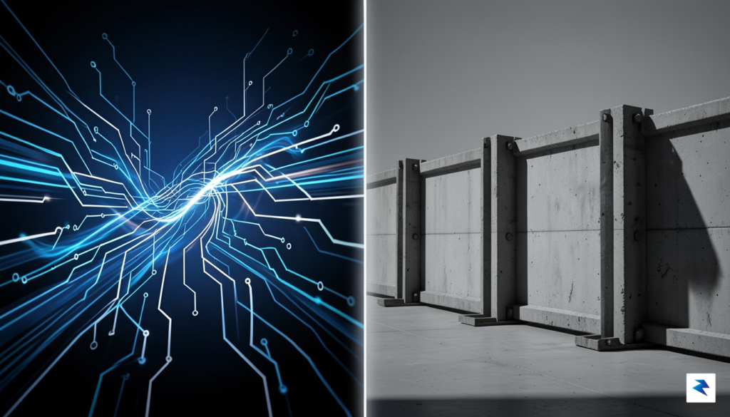 A conceptual digital illustration showing a split screen, with one…