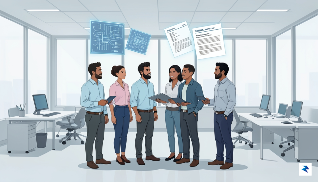 A modern, minimalist illustration showing a group of diverse tech…
