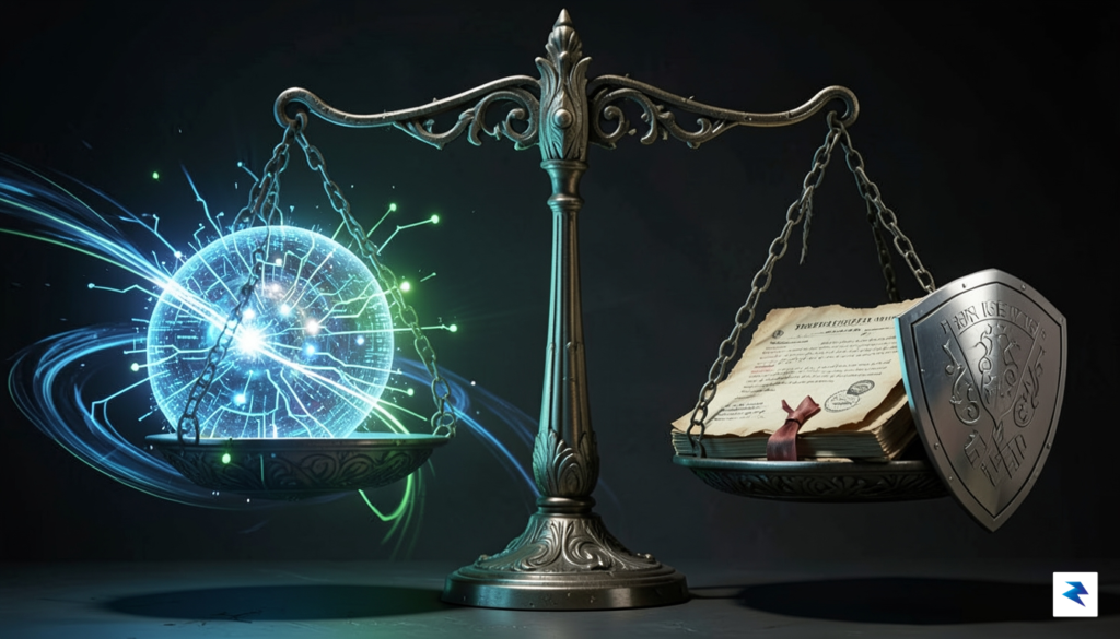 A conceptual digital illustration showing a complex balancing scale, with…