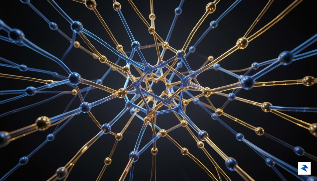 A sleek, futuristic 3D visualization of neural network pathways glowing…