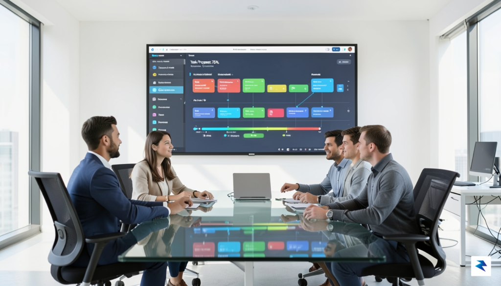 A modern, sleek office setting featuring a collaborative digital dashboard…