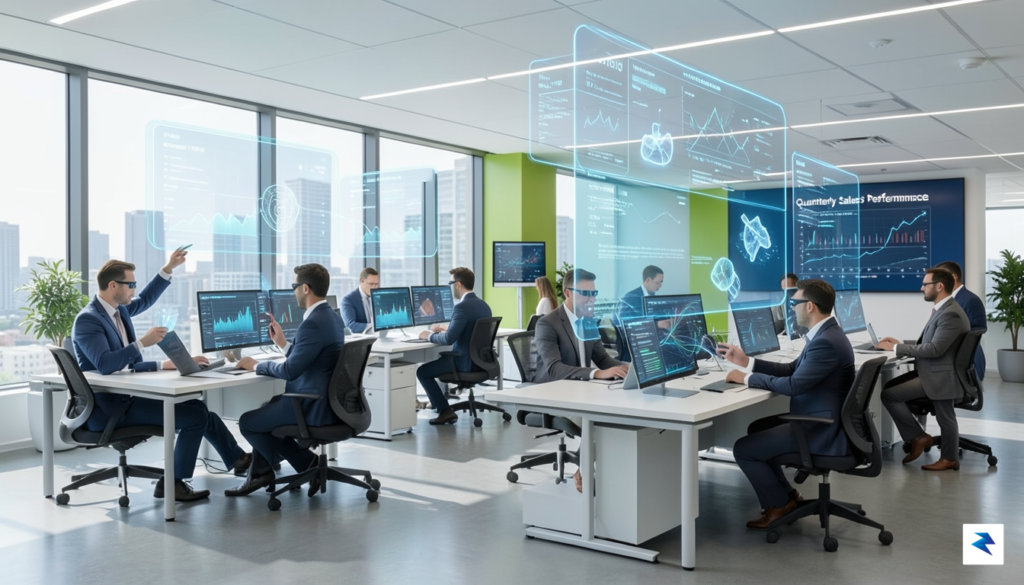 A modern, high-tech corporate office environment where professionals are collaborating…