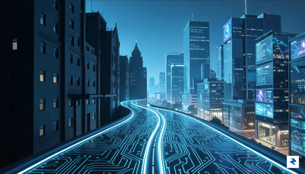 An abstract illustration depicting a winding road with digital lines…