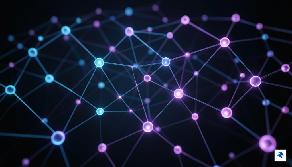 A sleek, high-tech abstract visualization showing glowing neural network nodes…