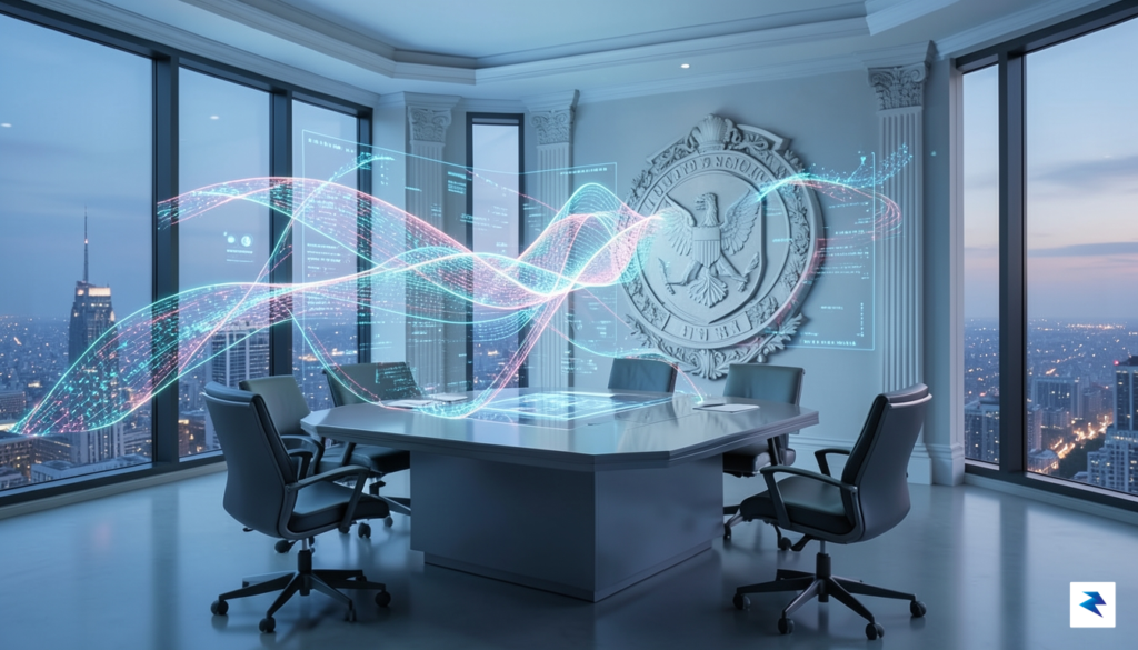 A conceptual digital artwork illustrating a futuristic boardroom where glowing,&hellip;