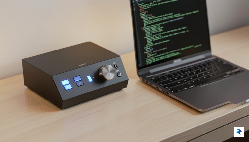 A sleek, minimalist desk setup featuring a modern mechanical console&hellip;