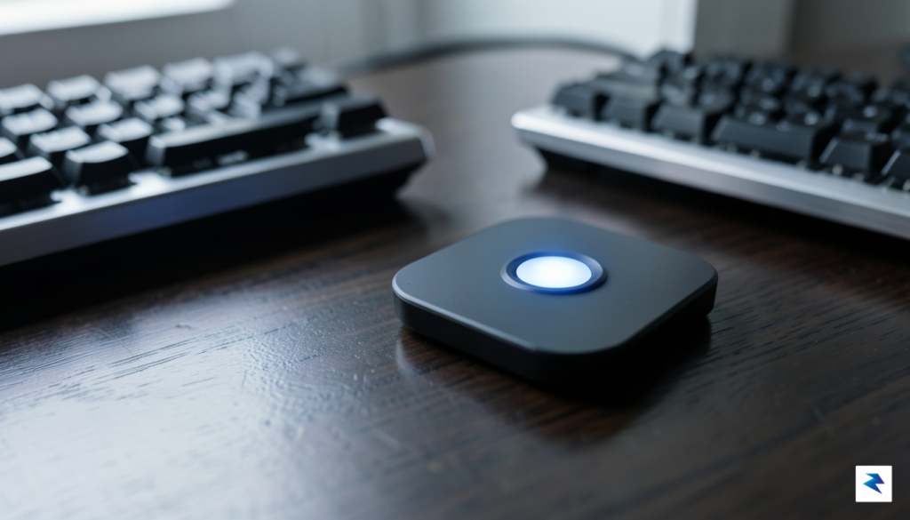 A sleek, minimalist physical macro-pad sitting on a dark wooden&hellip;