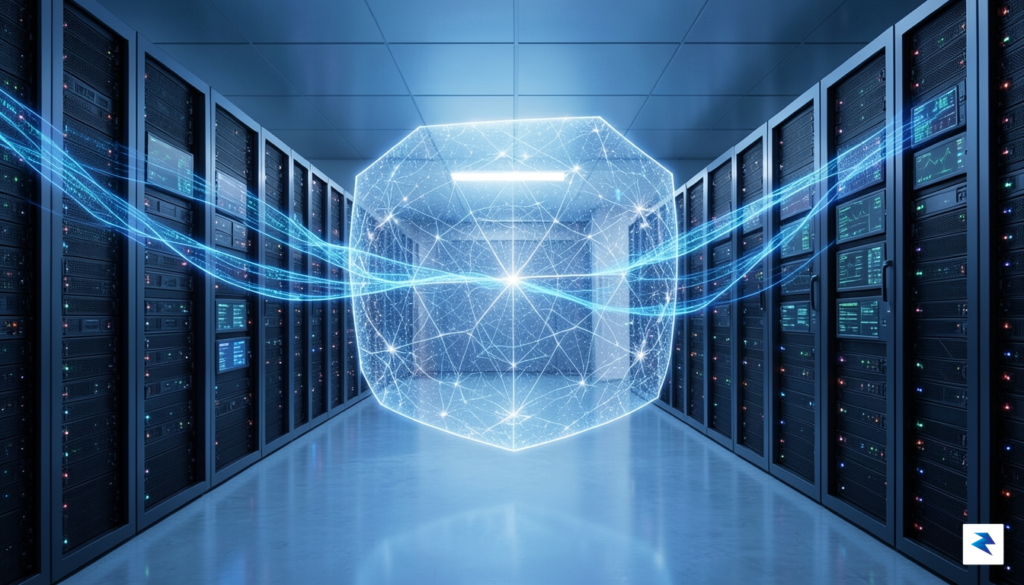 A modern, high-tech corporate server room with glowing blue digital…