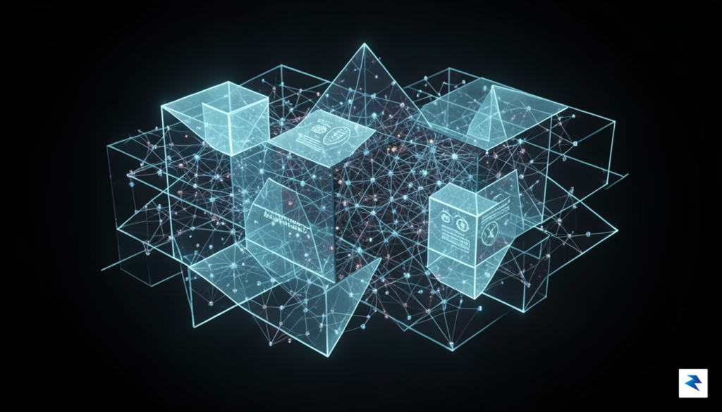 A conceptual digital visualization showing a complex neural network being…