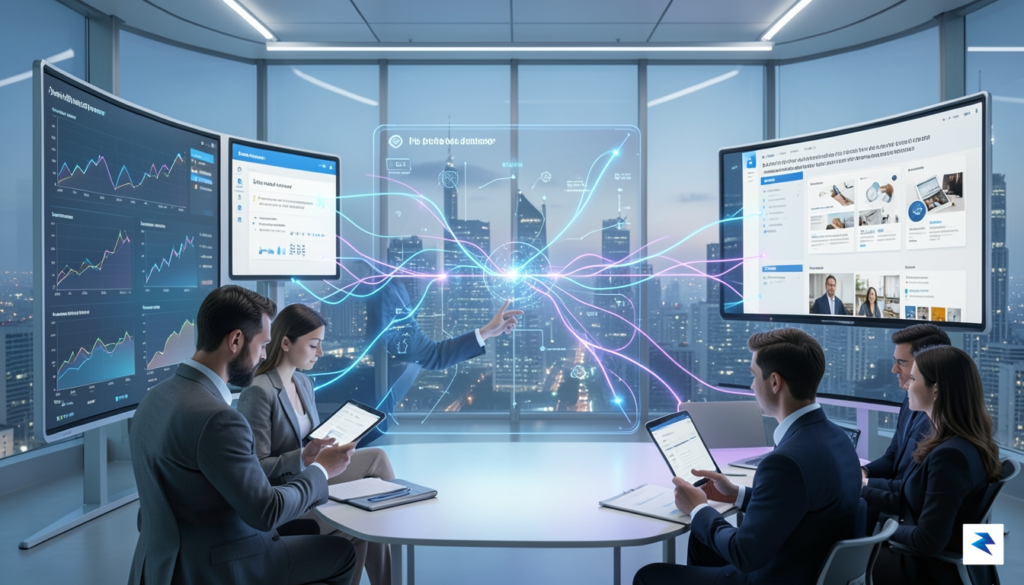 A dynamic visual depicting an integrated enterprise workflow. Various digital…